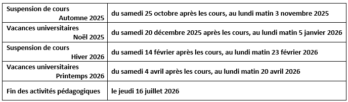 Calendrier pdagogiques 2025-2026