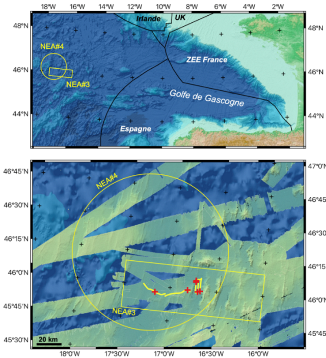 Zones dimmersion de f?ts radioactifs (NEA#3 et #4) dans lAtlantique Nord-Est (haut) et localisation des 6 f?ts observs par Epaulard en 1985 (bas). ? Projet NODSSUM, 2025